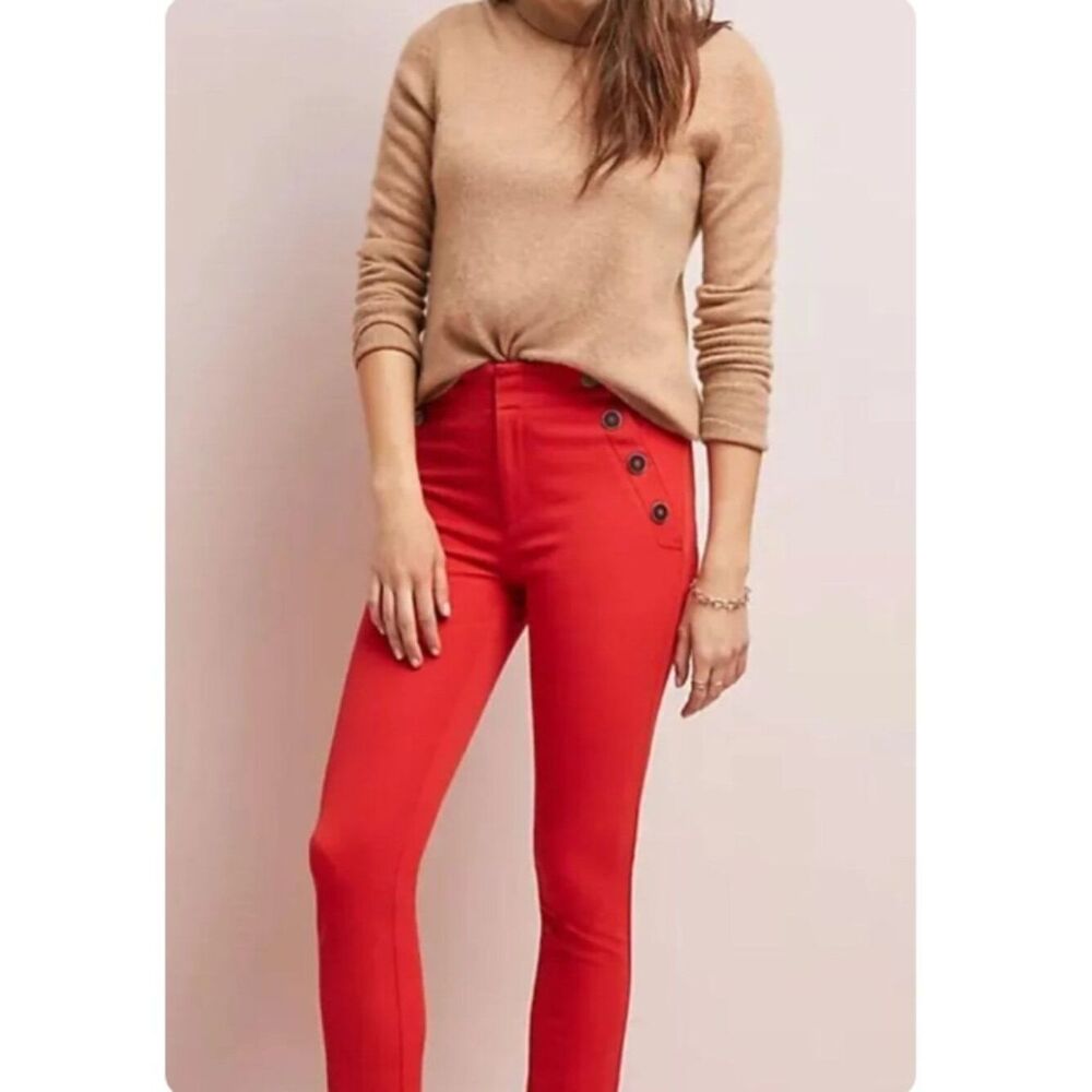 Like New! Anthropologie The Essential Slim Orange Red Button Skinny Cropped 6